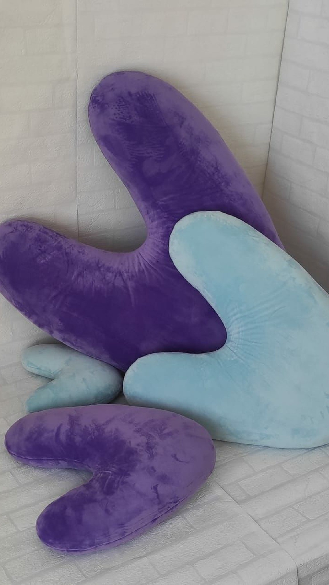 Violet and light blue plush heart cushions from 30 cm to 1 m, custom brand decor made to order