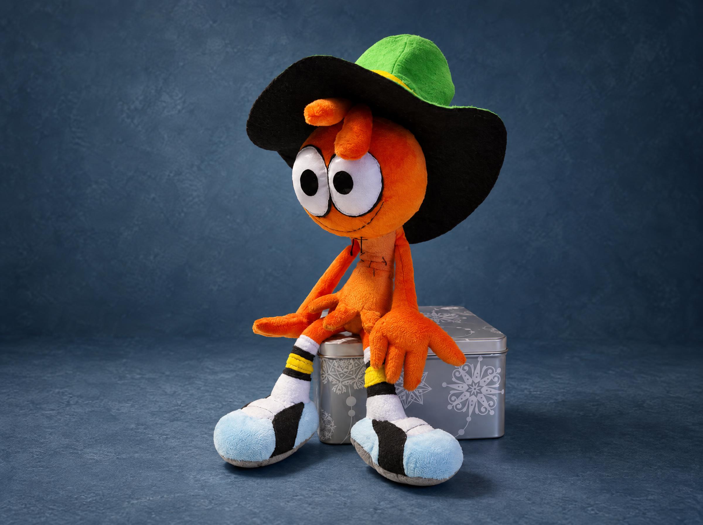 Wander Over Yonder plush in orange plush with a green and black felt hat and light blue shoes, handmade to order