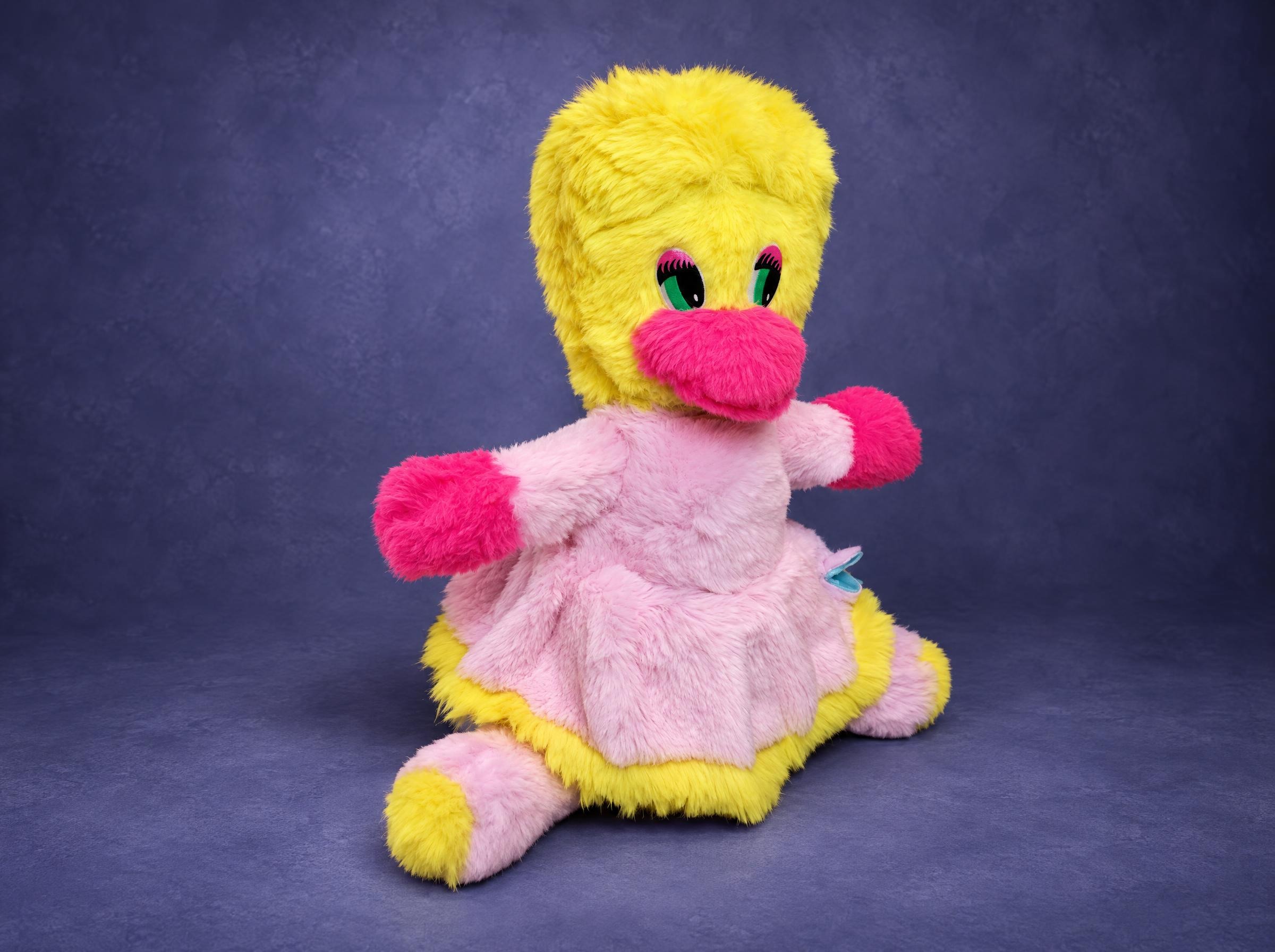 Webby Vanderquack plush recreated to order from a 90s DuckTales toy: yellow faux fur head, pink dress