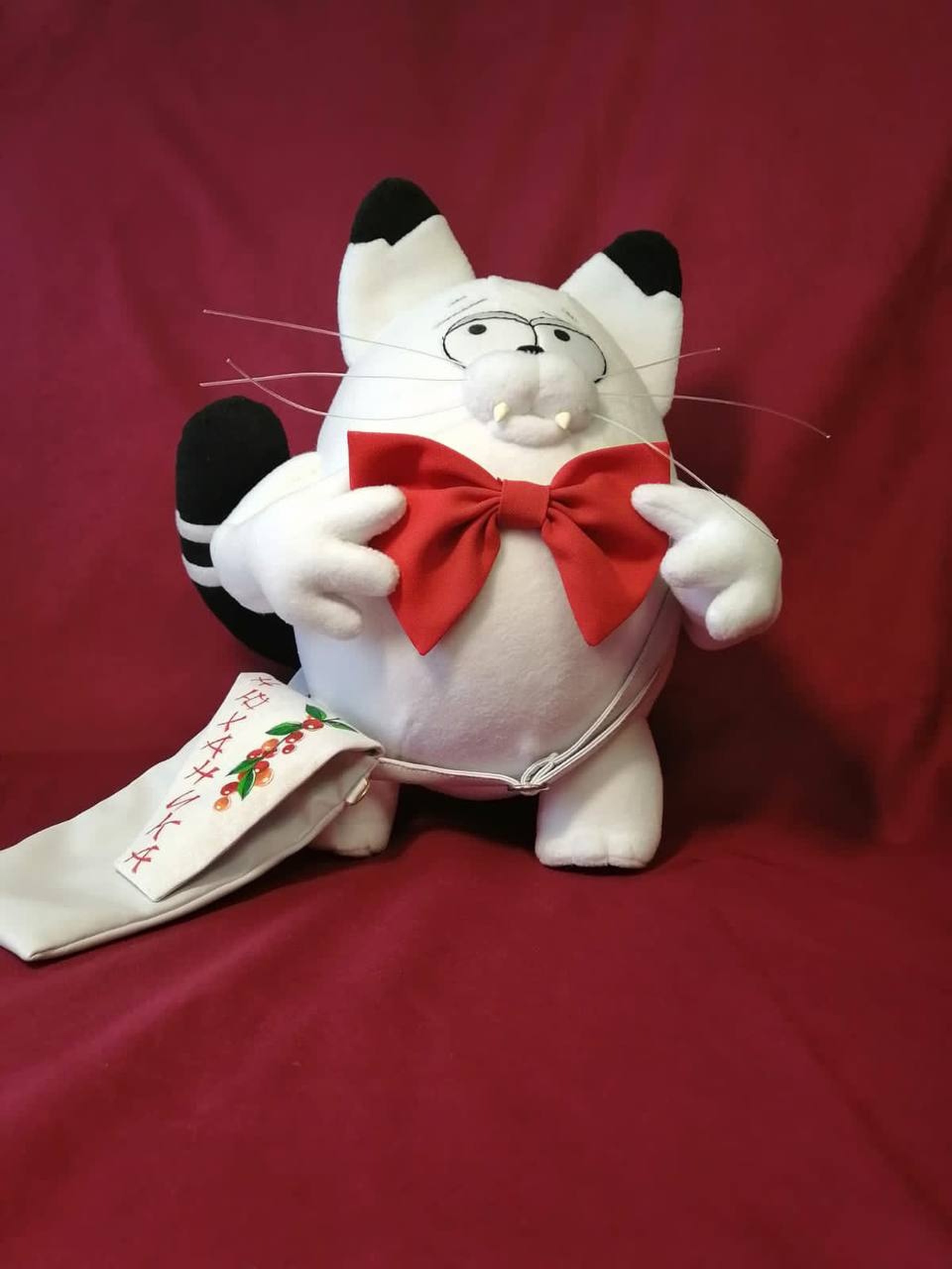 Kokos cat plush with fangs and whiskers Custom white cat plush Kokos with embroidered tired eyes, two fangs and clear whiskers, made to order