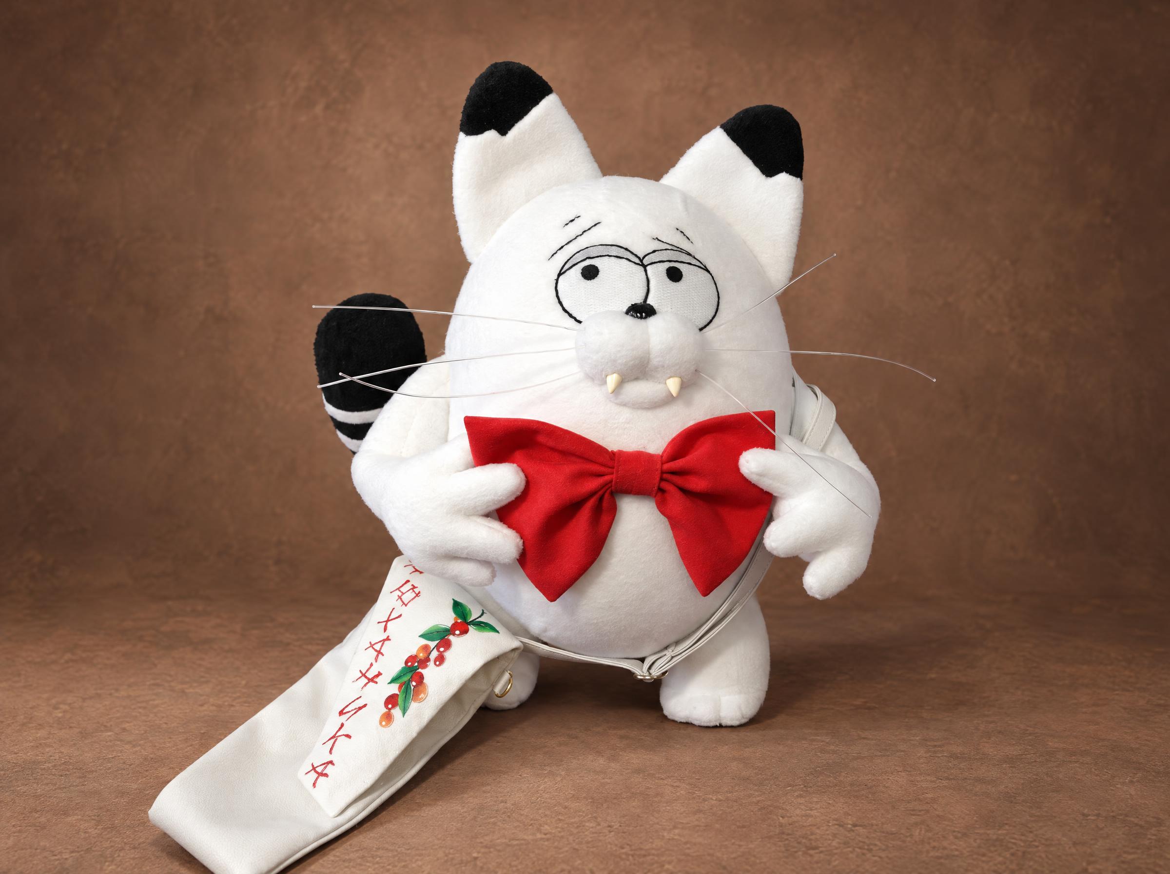 White cat plush Kokos with fangs, a red bow tie and a painted shoulder bag, handmade to order