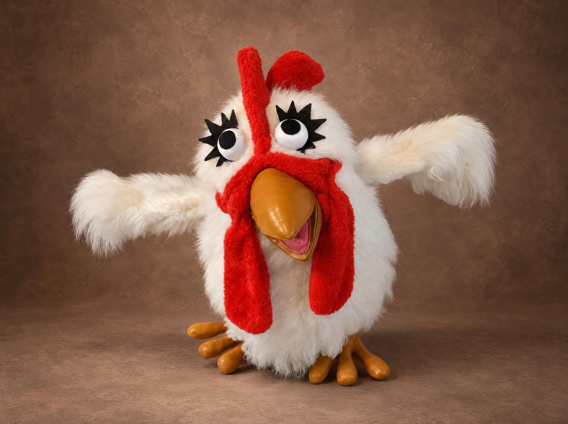 White chicken plush with spiky black lashes, a red comb and wings spread wide, sewn by hand to order