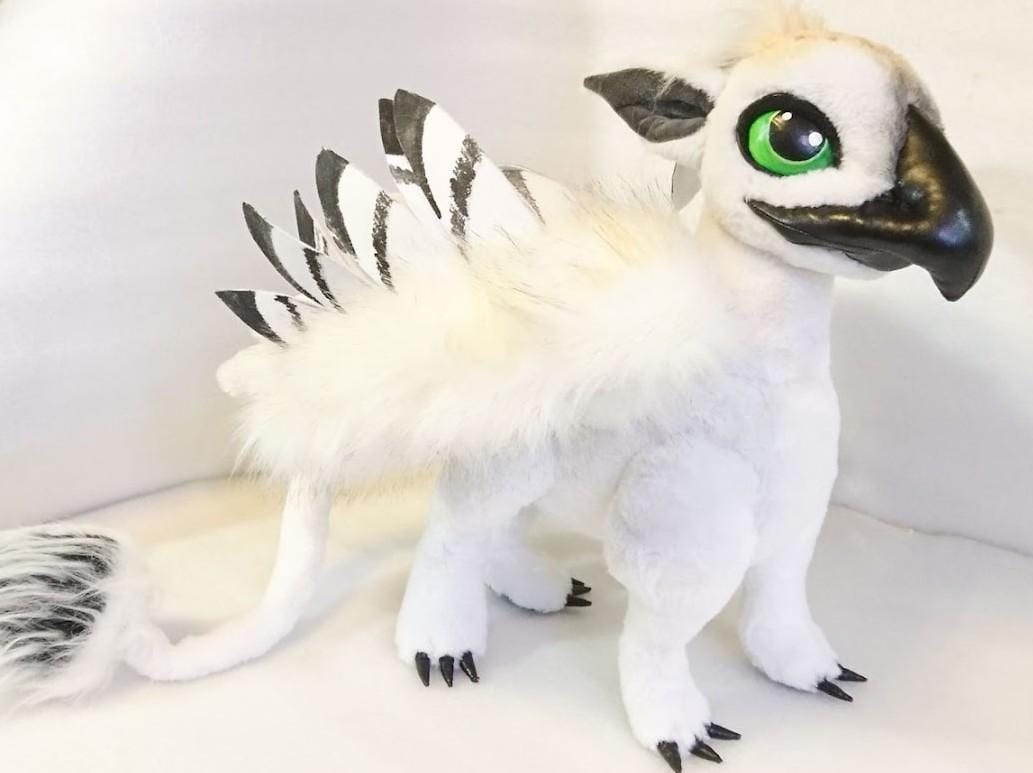 White griffin plush, handmade to order White griffin plush with a glossy black beak, green eyes and black-tipped wing feathers, handmade to order