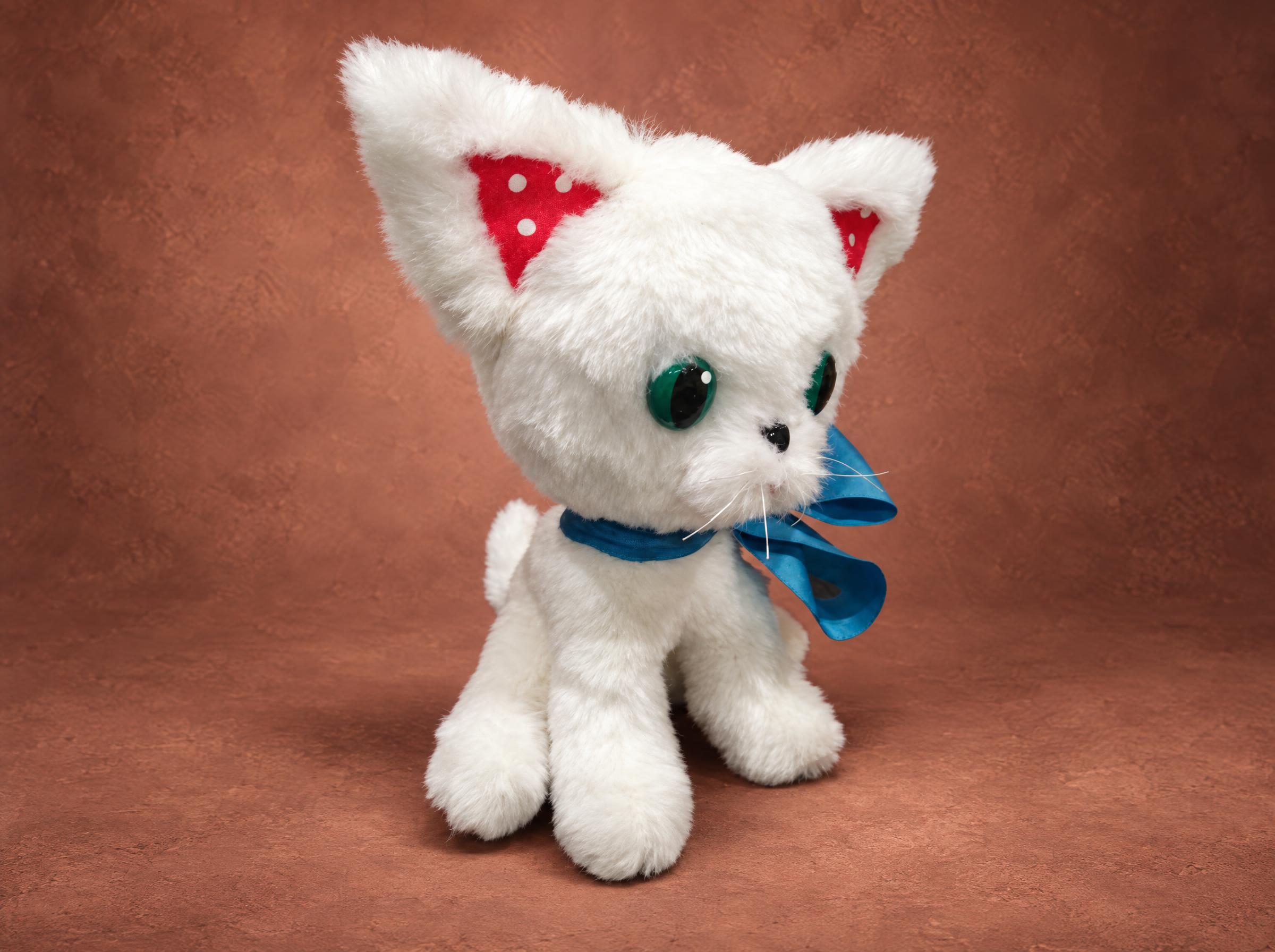 White kitten plush with green eyes, polka-dot ears and a teal bow, sewn to order from a customer's picture