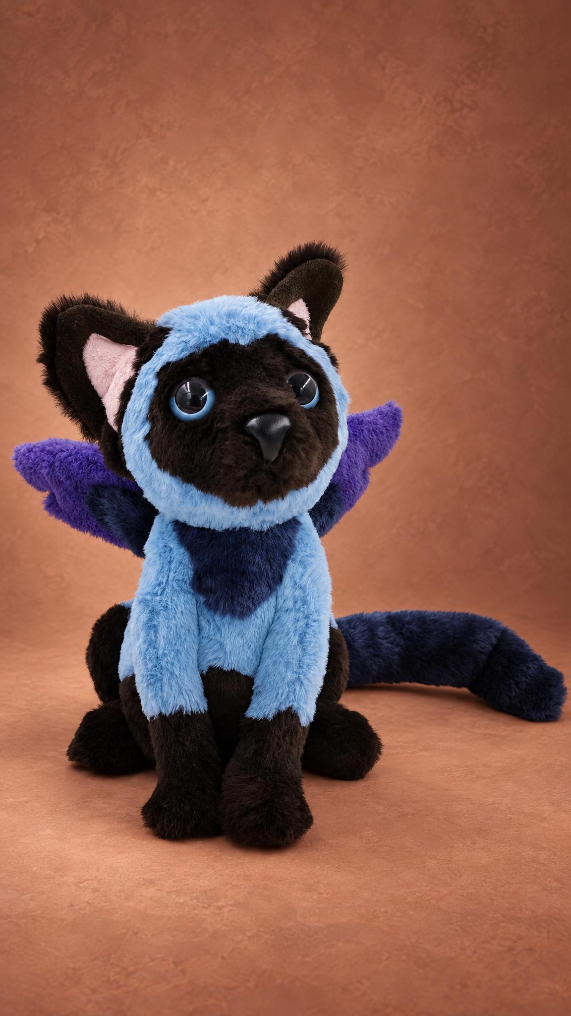Custom cat with wings plush, blue OC cat with pink inner ears and a navy chest patch, handmade to order
