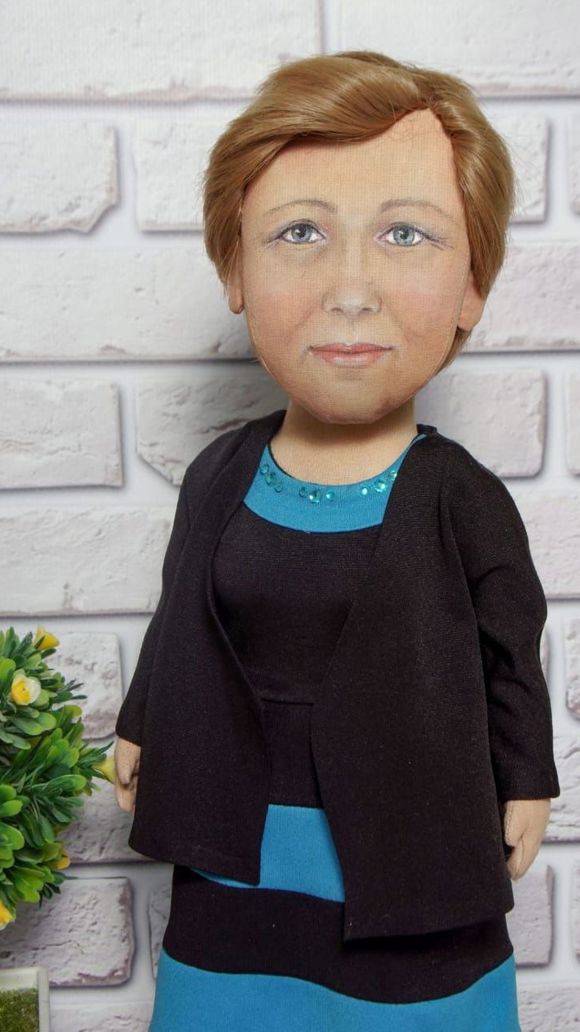 Woman portrait doll made to order: hand-painted face, auburn hair, black jacket, turquoise rhinestone neckline