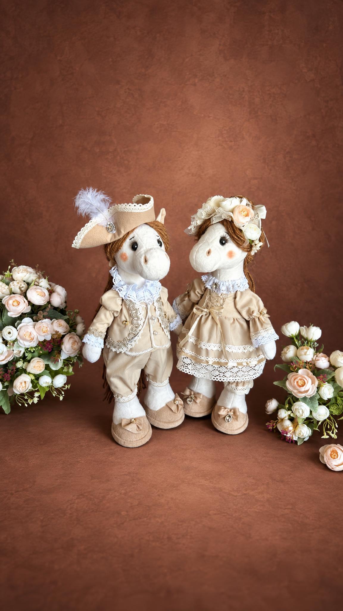 Handmade horse plush couple in beige ball outfits with lace, a custom corporate New Year gift made to order