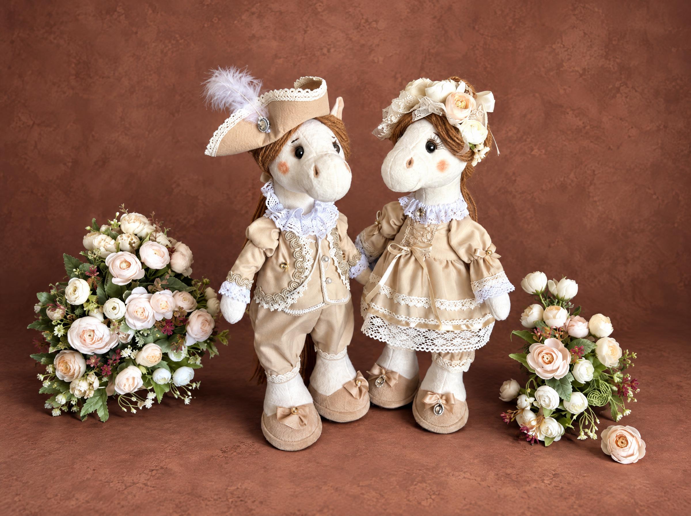 Year of the Horse plush pair, a stallion in a tricorn hat and a mare in a lace dress, custom made to order
