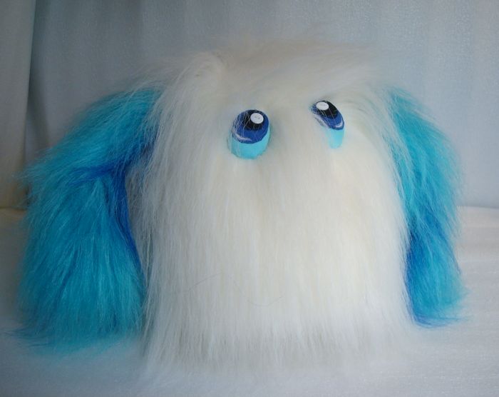 Zdorovye shaggy monster plush from a drawing Shaggy white monster plush Zdorovye with long blue faux fur ears, a custom plush from a drawing