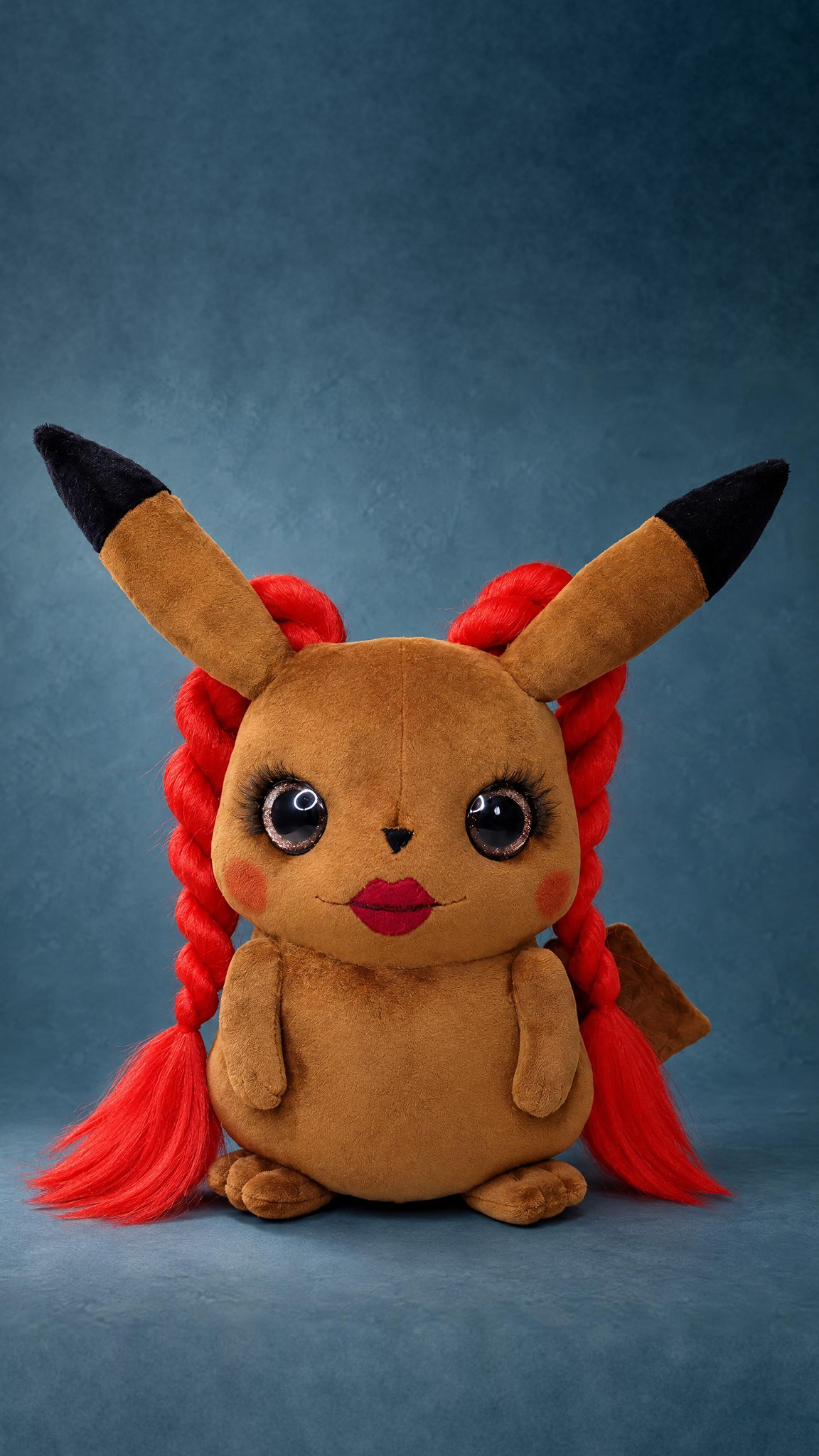 Custom Pikachu plush with red braids and lashes, a Zoe Wees look-alike handmade to order